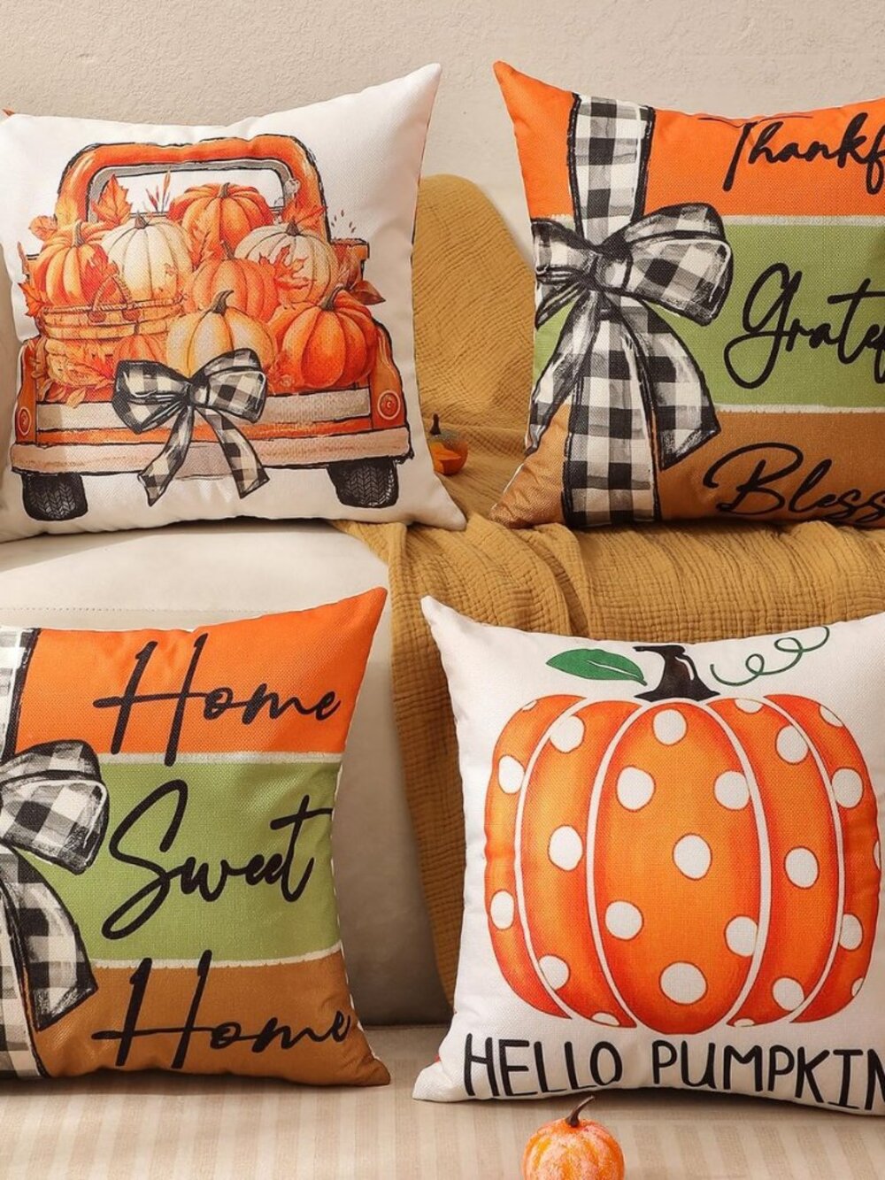 Fall Pillow Covers Pumpkin Polka Dot 18x18 4Pcs Double-Sided